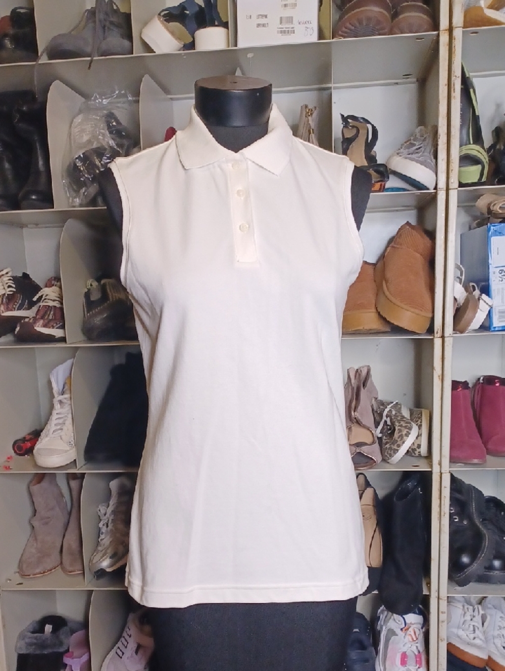 Sleeveless Collared Tank Top in Cream - Classic Polo Style